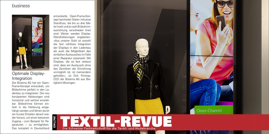 LCD Display Säule für Pressemeldung im Magazin Textil-Revue